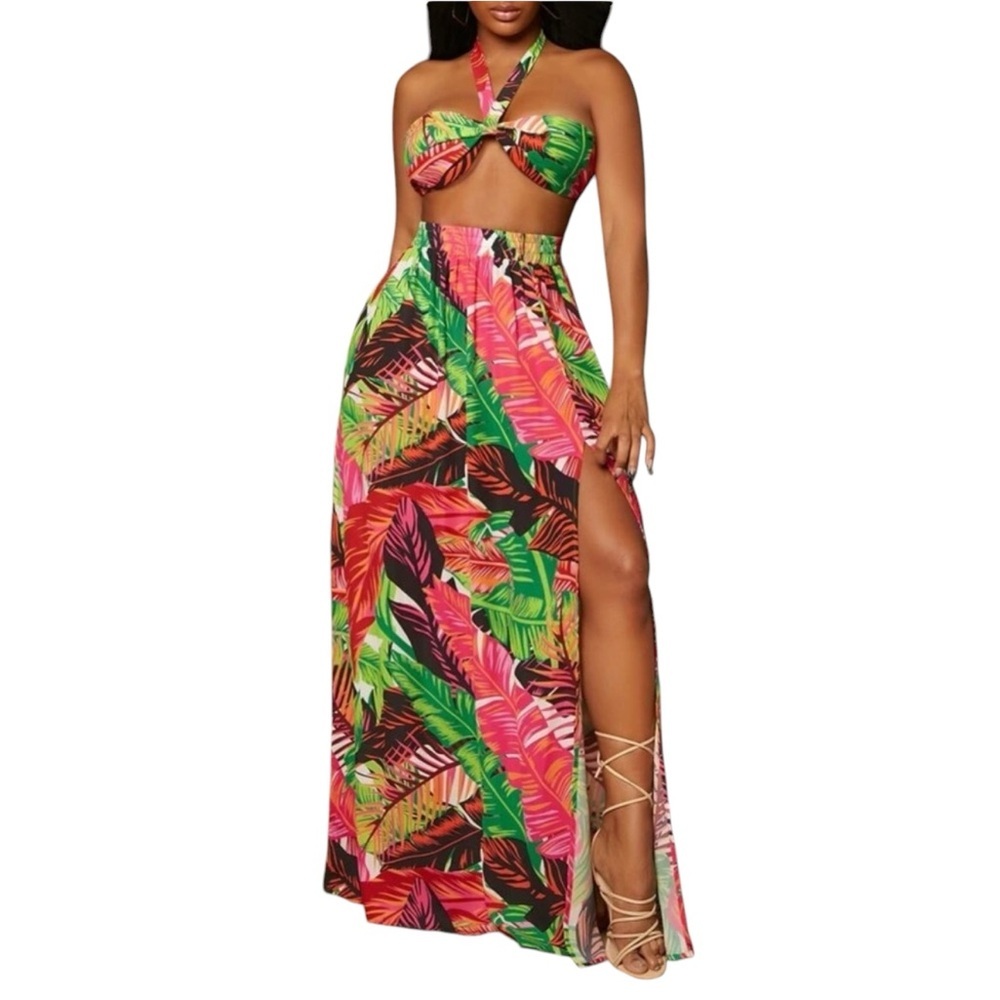 Tropical Print Halter Crop Top & Split Thigh Skirt Set